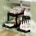 2 Pack Under Sink Organizer, Bamboo Wooden 2-Tier Pull-Out Storage with Sliding Drawers for Kitchen and Bathroom Cabinets, Easy Installation (Black)