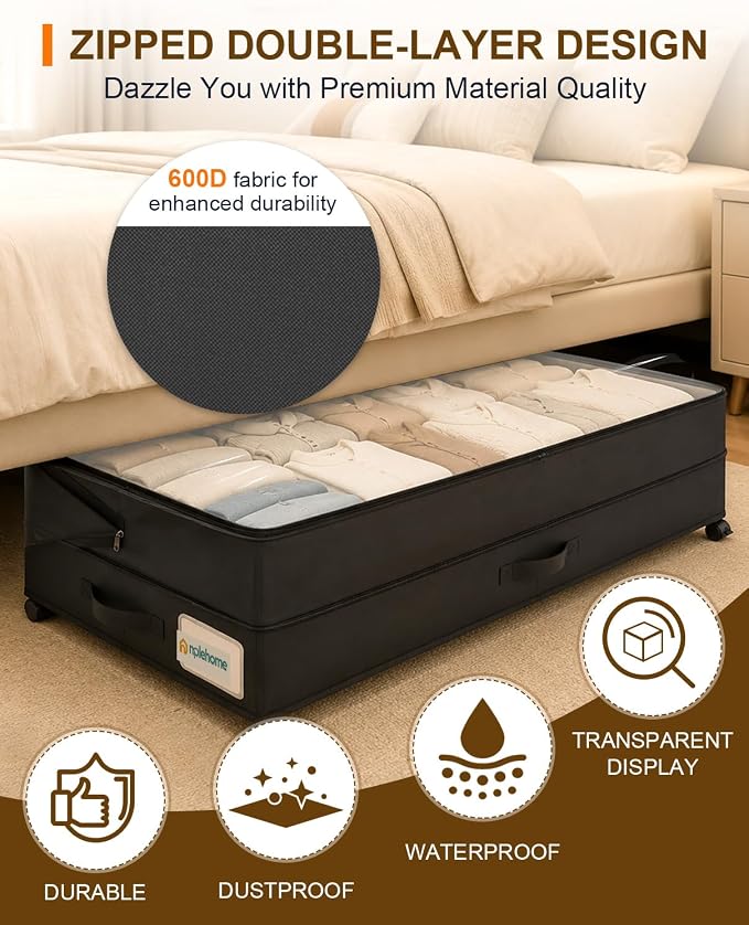 Under Bed Storage w/Wheels,70L Under Bed Containers,2 Pack-Black | 11.5 Inch Under Bed Storage Containers,70L Large Adjustable Underbed w/ Lids,Rolling Underbed Storage Bins for Shoes,Clothes