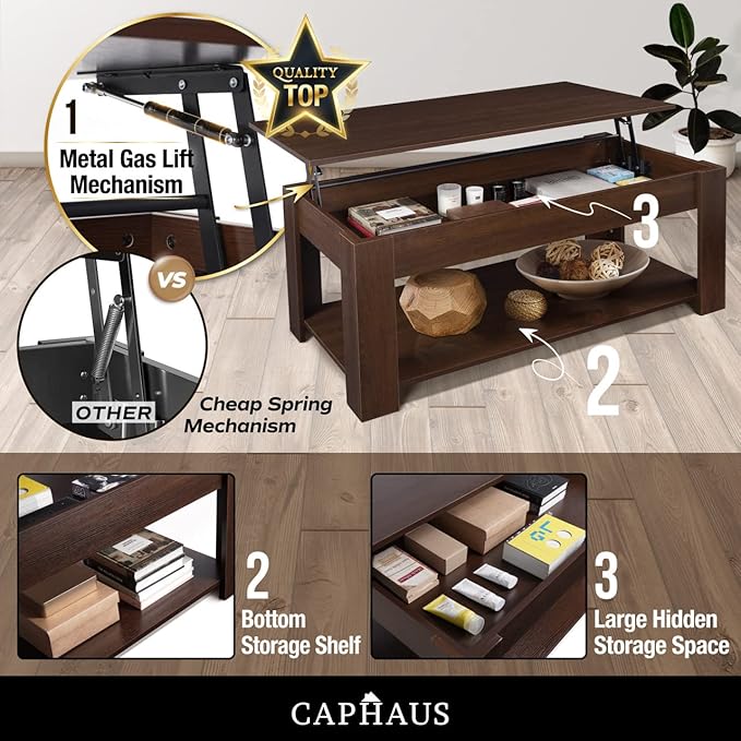 CAPHAUS Lift Top Coffee Table w/Storage, Storage Coffee Table w/Lift Top for Living Room, Rising Tabletop Coffee Table w/Hidden Compartment, Coffee Table w/Bottom Open Shelf, 41" Natural Oak