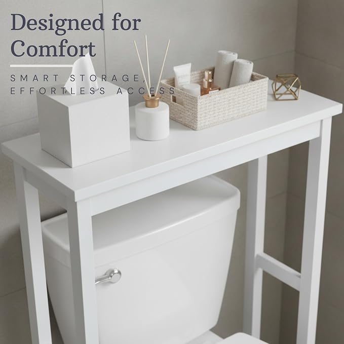 Alaterre Dorset Over the Toilet Storage Shelf, White, 27" W x 37" H | Bathroom Organizer Shelf, Space Saver Over Toilet Storage Rack, Freestanding Open Shelf, Modern, Easy Assembly