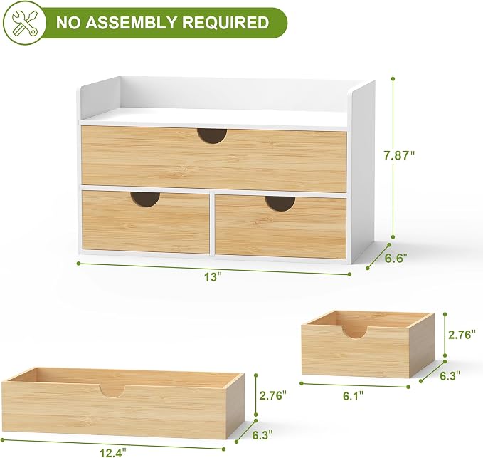 Bamboo Desk Organizer with Drawers, Desktop Storage for Office Supplies | 3 Drawers Desktop organizer, No Assembly Required, Natural Wood Wooden Desktop Drawers Box for Bills, Cosmetics, Seals, Paper