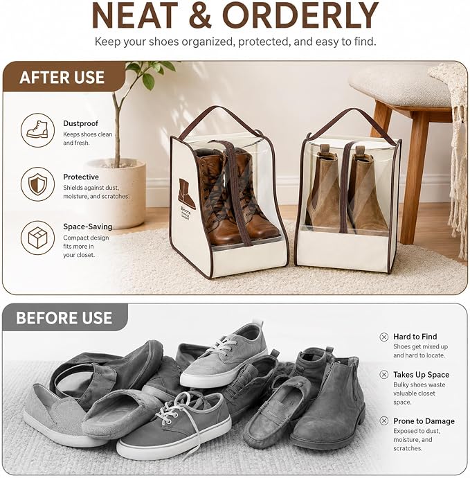 Boot Storage Bag Organizer,Dustproof Boot Bags for Cowboy Boots,Portable Travel Shoe Protector Bags,Tall Boot Covers Storage Organizer for Packing (2 Pcs Beige Widened Short)