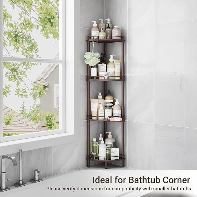 ELYKEN Corner Shower Caddy Standing, 4 Tier Rustproof Metal Shower Organizer with Soap Holder, Floor Shower Corner Shelf Rack Storage Stands with Adjustable Feet & 2 Hooks for Bathroom, Bronze