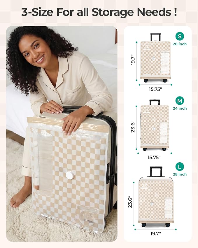 BAGSMART Travel Vacuum Seal Bags with Pump, Jumbo Vacuum Storage Bags for Clothes Blankets Comforters, Space Saver Bags for Travel, Compression Bags for Seasonal Storage-Khaki Checker