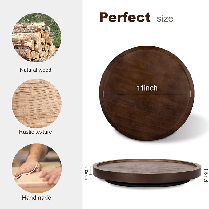 Wood Lazy Susan Organizer Kitchen Turntable for Cabinet Farmhouse Bathroom Decor Round Decorative Tray for Vanity, Counter, Sink, Coffee Table, 11 Inch, Walnut | Waterpoof, Easy clean, Non-slip, Rotating Wooden Decorative Pantry Table Tray for Seasonin...