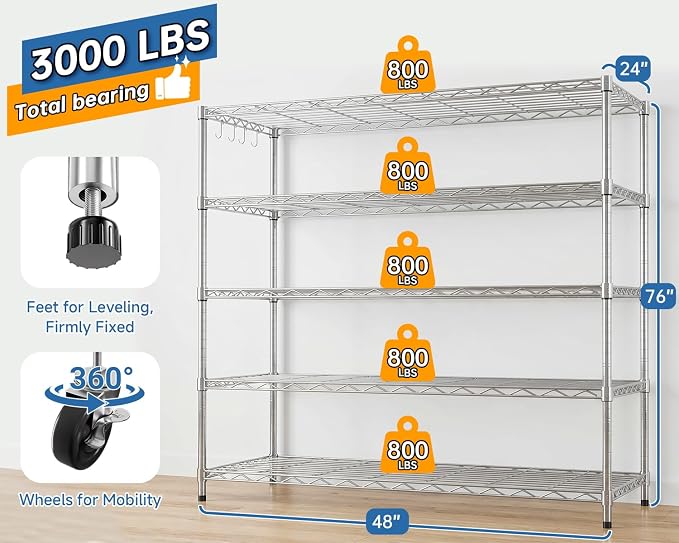 48" W Garage Shelving with Wheels Storage Shelves 5 Tier Wire Shelving Adjustable Metal Storage Shelves for Garage, Basement, Warehouse, Commercial, Industrial, 48" W x 81" H x 24" D 2Pack