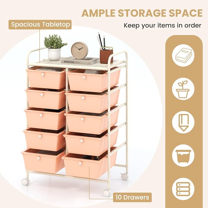 Moccha Rolling Cart with 10 Drawers - Under Desk Storage Drawers with wheels for Craft Art Supply Paper Salon, Under Desk Cabinet on Wheels, Multipurpose Movable Utility Cart for Classroom