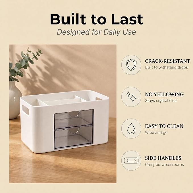 White Desk Organizer with Drawers, 4 Slots, Side Handles, Pen Holder | Desktop caddy for office supplies, makeup brushes, art & vanity | 5 compartments, 2 pull-out drawers, built-in side handles