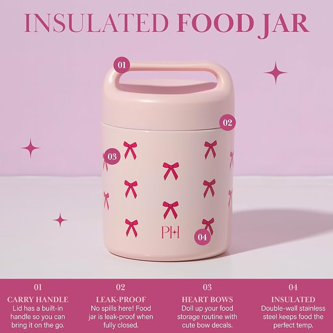 Paris Hilton Stainless Steel Food Jar, Double Wall Vacuum Sealed Insulated Food Storage Container with Carry Handle Lid, 12-Ounce, Pink with Bow Design