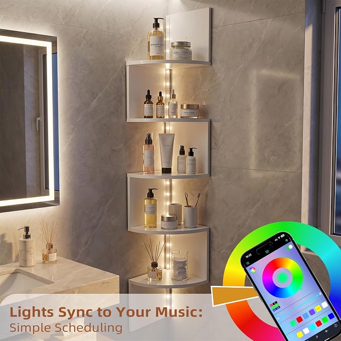 HAAYOT Corner Shelf Wall Mounted: 5-Tier Floating Shelves with Lights for Living Room, Bedroom, Home Office, Cloud White