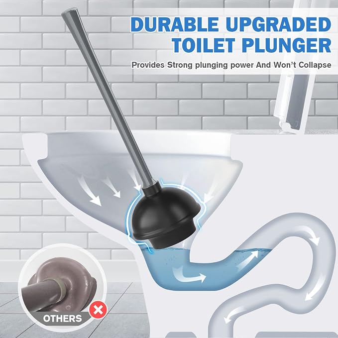 Toilet Plunger and Brush, Bowl Brush and Heavy Duty Toilet Plunger Set with Ventilated Holder, 2-in-1 Bathroom Cleaning Combo with Modern Caddy Stand for 5.7-inch Toilet Drain(Grey, 2 Set)