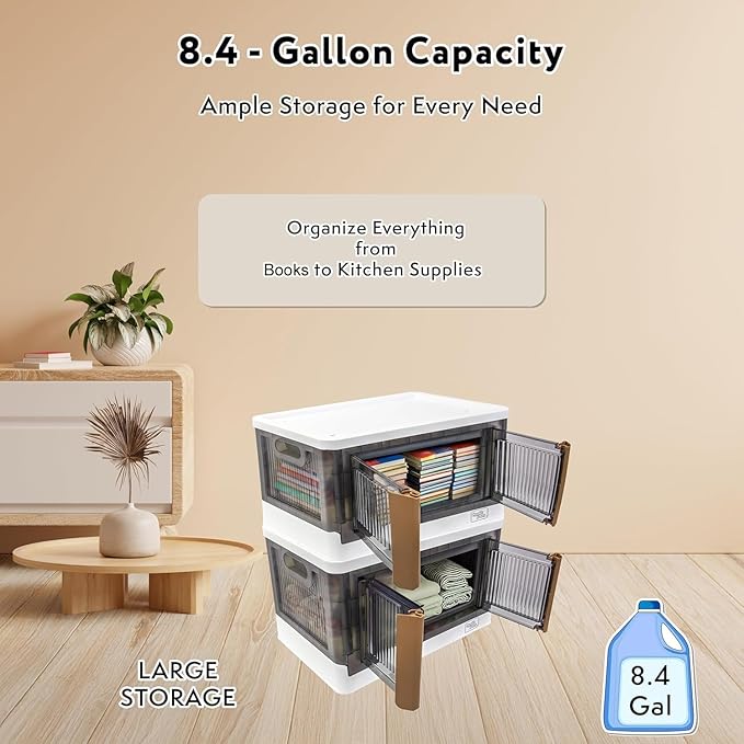 FELICON 8.4 Gallon 1 Pack Stackable Storage Bins with Lids,Doors,Wheels,Collapsible Organizer Foldable Container,Wardrobe Closet for Bedroom Living Room Neat,Dorm,Organized Homes(White)