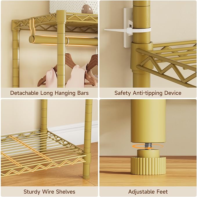ONBRILL F5 Extra Large Industrial Pipe Clothing Rack, Freestanding Portable Closet Organizer System with Shelves & Hanging Rods, 88.6'' Wide Heavt Duty Clothes Rack, Max Load 1300lbs, Gold