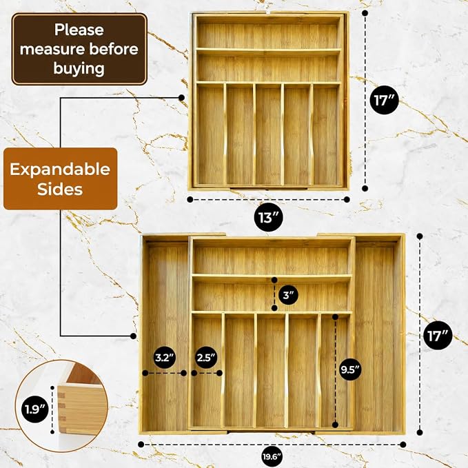 Bamboo Drawer Organizer | Expandable Silverware & Utensil Organizer for Kitchen | Flatware Cutlery Tray with Adjustable Dividers | Wooden Drawer for Knives, Spoons & Forks | Natural Bamboo