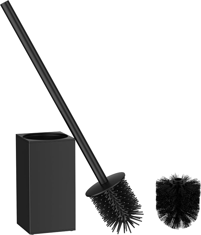 FORIOUS Toilet Cleaner Brush, 2 Toilet Bowl Brush Head Square Short Black | Heavy Duty 304 Stainless Steel Base, Silicone and Plastic Brush Heads, 360° Deep Cleaning, Drip-Proof, Splash-Proof Design
