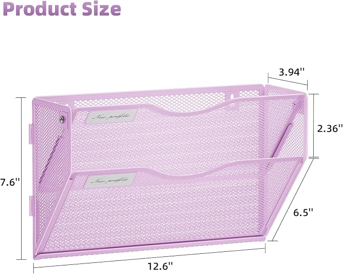 Marbrasse Wall File Holder 2-Tier Hanging Wall File Organizer, Mesh Mail Holder for Papers, Wall Mount File Clipboard & Magazine Organizer Great for Office Home - 2P(Purple)