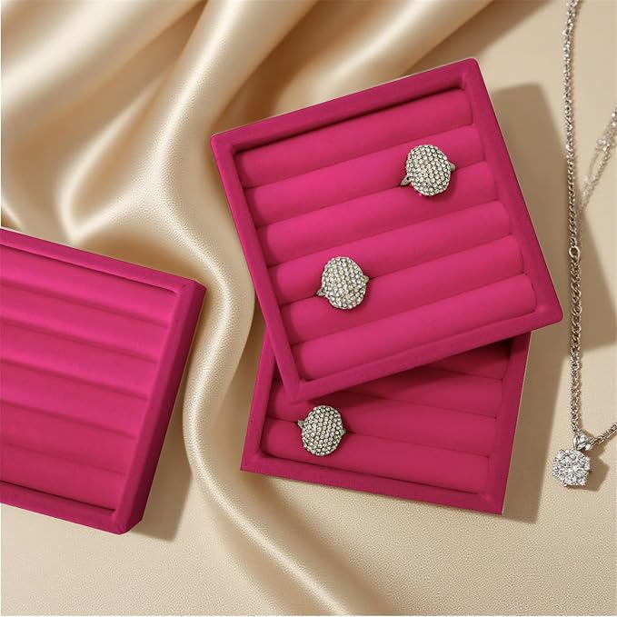 SCIKHETF Velvet Ring Earrings Studs organizer Tray Small Ring Insert Display Tray 5 Slots Stackable (Rose Red)