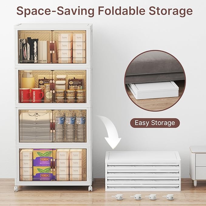 UAMFURI Stackable Storage Bins with Lids, 384QT Closet Organizers, Lockable Storage Cabinet，Foldable Storage Box with Doors and Wheels, Plastic Drawers for Home, Garage, Office (8, White, Medium)