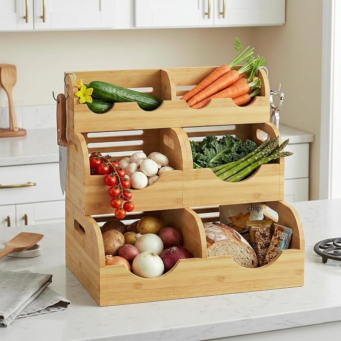 Upgraded 3 Tier Bamboo Pantry Storage Bins,Large potato storage | With 2 Banana Hangers,Stackable Potato and Onion Storage Bin with Airflow Vent,Vegetable Storage,for Kitchen Countertop