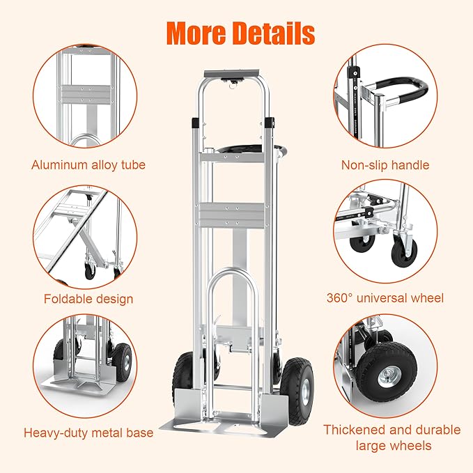 3in1 Convertible Hand Truck Dolly Cart, 880 lb Aluminum Hand Trucks Heavy Duty Furniture Appliance Dolly W/10 Wheels,Utility Shopping Cart for Transport & Moving Office, Home & Warehouse Use (Silver)