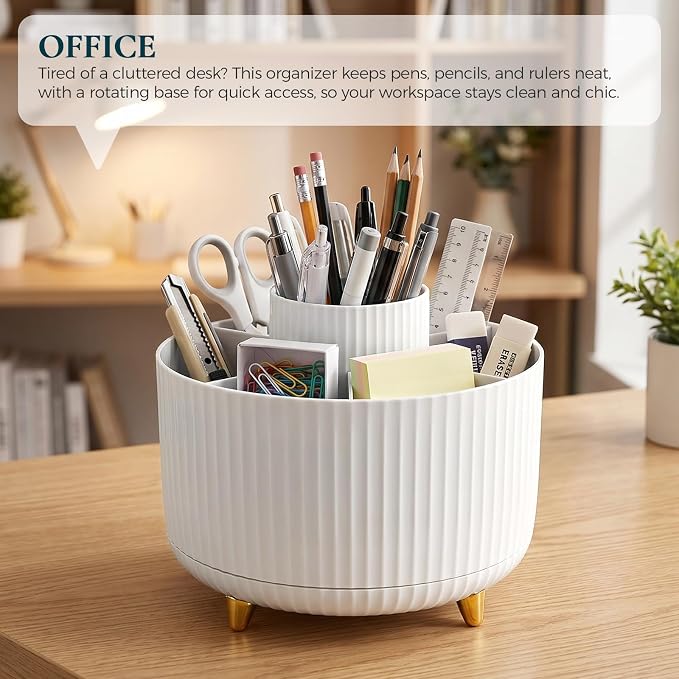 KONVINIT Pencil Pen Holder for Desk, 5 Slots 360-Degree Rotating Desktop Organizer, Cute Desk Organizers and Accessories for School, Home, Office and Art Supply, White