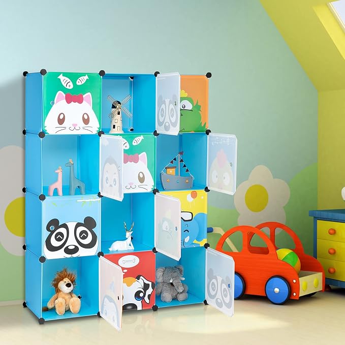12 Cubes Storage Organizer,Portable Closet Wardrobe,Plastic Clothes Storage Shelves,Modular Bookcase Closet Cabinet,with Doors,for Kitchen, Bedroom, Playroom, Living Room, Office, Dorm (Blue)
