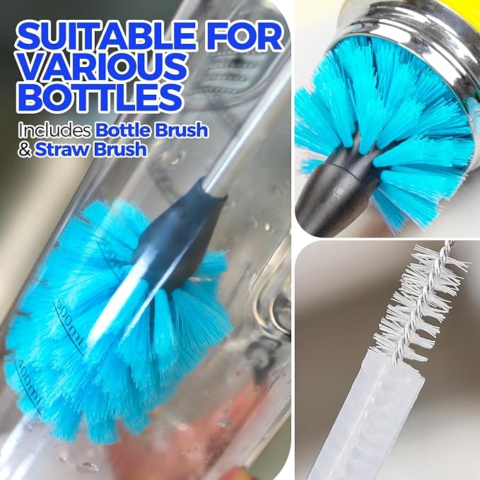 Holikme 5 Pack Bottle Brush 14" Stainless Steel Straw Cleaner Brush,Blue | 14" Long Handle Stainless Steel Bottle Cleaner Brush, 3 Straw Brushes, Bottle Cleaning Brush for Water Bottle Cups Baby