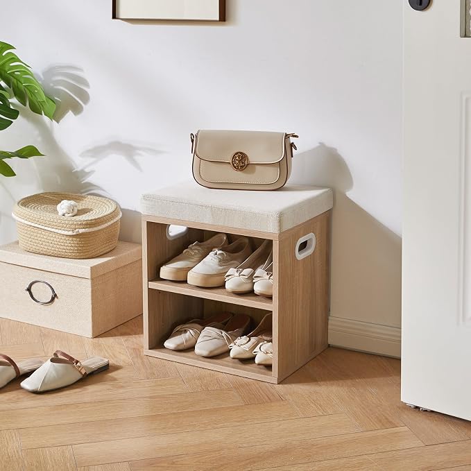 YMYNY Small Shoe Storage Bench with Cushion, Light Natural, HBD028R | 2 Tier Entryway Bench with Storage, Small Shoe Rack Bench with Adjustable Shelf for Entryway 11 x 15.3 x 16.5 Inches