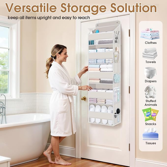 WISELIFE Over the Door Organizer Storage with 5 Large Pockets, Door Hanging Organizer with Clear Windows, Behind the Door Storage for Nursery Bedroom Bathroom Pantry Closet and Baby Essentials, Beige