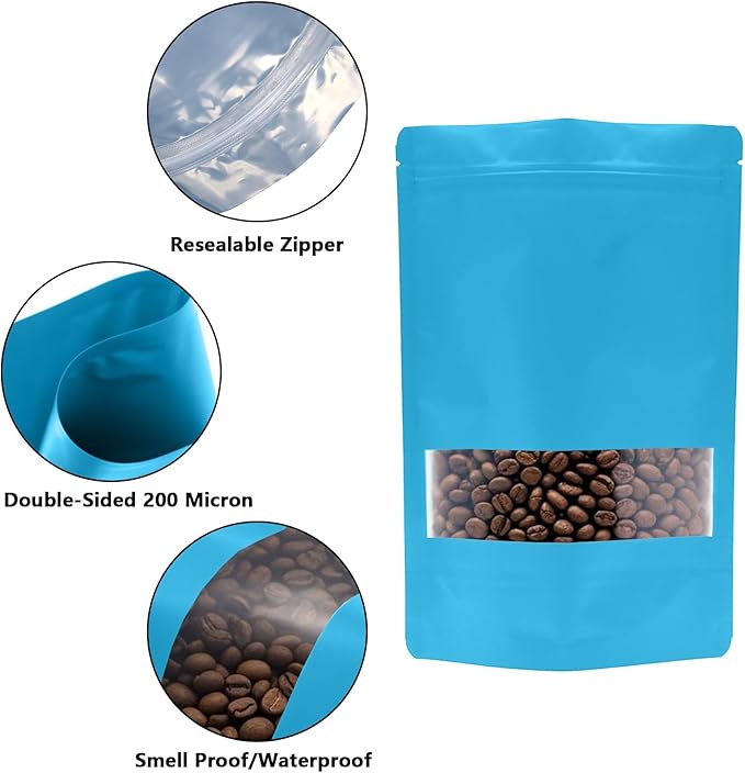 50PCS Foil Pouch Mylar Bags with Clear Window,ULIFESTAR Stand Up Sealable Bags with Tear Notches,Resealable for Food,Party Favors,Gift Packaging and Small Business(20 * 30cm/7.87 * 11.81",Blue)