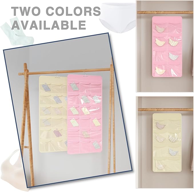 Hanging Closet Underwear Organizer, 28-Pockets Dual-Sided Storage for Socks, Bras, and Leggings Lingerie and Kids’ Clothing, Beige