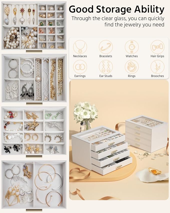 AKOZLIN Jewelry Box with Clear Lid Functional Leather Jewelry Storage Organizer Case 4 Drawers for Women Girls Necklace Ring Bracelet Earring