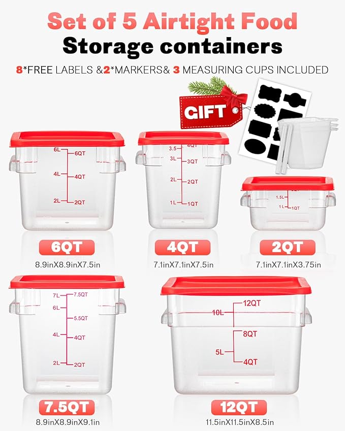 2QT NSF Food Storage Containers: 8 PCS [Food Grade][Hot&Cold Resistant] Commercial Clear Square Food Storage Containers with Scales Handles for Home Restaurant Kitchen Proof Dough(BPA FREE)