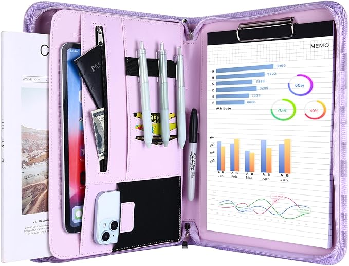 ProCase Portfolio Business Padfolio Folder with Zipper -Purple | Conference Meeting Executive File Legal Document Organizer with Pockets Letter Size A9 Writing Pad Notepad Padfolio