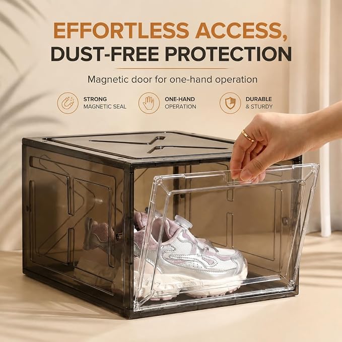 Translucent Black Shoe Storage Box, 2026 2nd Gen Thickened Hard Plastic Stackable Organizer with Magnetic Door, Folding Shoe Rack for Closet, Premium Sneaker Display Case, 1 Pack