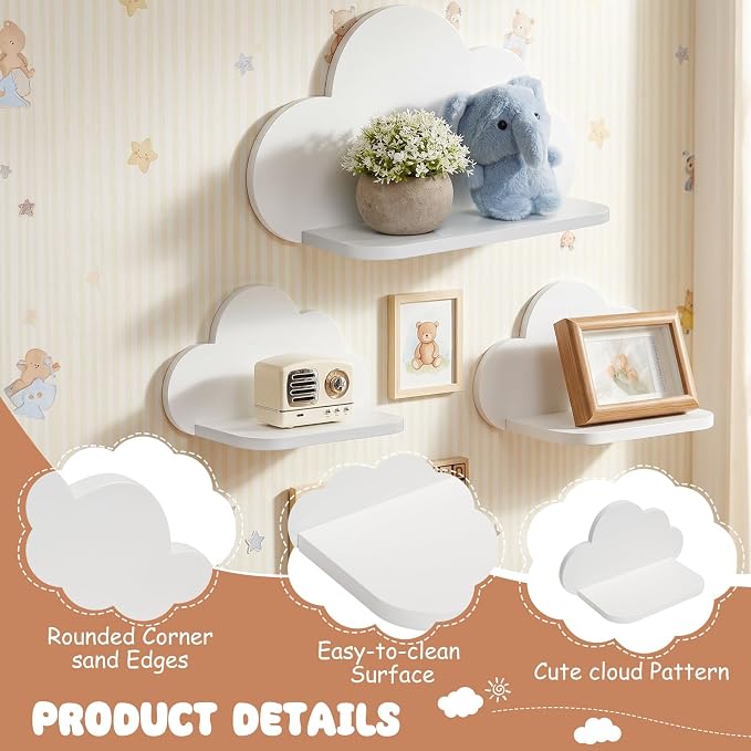 Floating Cloud Shelves,Set of 3 Wall Mounted White Wavy Shelves | White Wall Shelf Floating Wooden Wall Mounted Shelves Clouds Dispaly Shelf for Kid’s Room,Toys, Plants & Storage