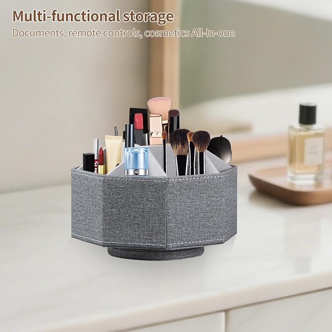 Swivel Remote Control Holder, 9 Rooms Desk Organizer and Decorations for Living Room, Leather Bedside Storage Caddy for TV Controllers/ Makeup Brush Pen/ Office Stationery/ Art Supplies/ Eyeglasses