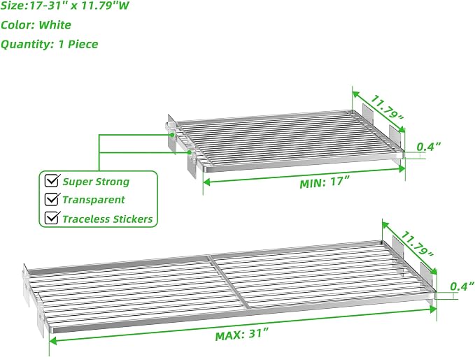 SANNO Tension Shelf Organizer for Closet, Adjustable 17-31" with Heavy-Duty Adhesive - DIY Expandable Shelf Dividers for Cabinet, Pantry, Wardrobe, Kitchen, 2 Pack