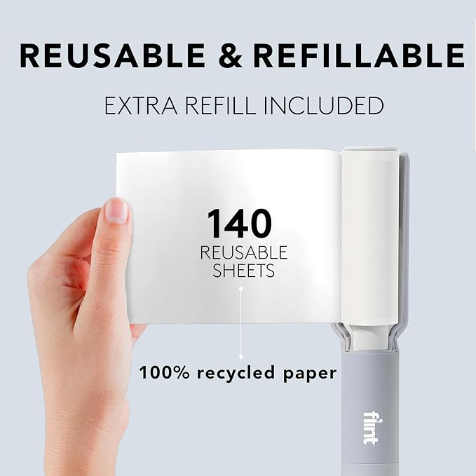 Flint Plus XL Retractable Lint Remover & Pet Hair Roller for Clothes – Refillable & Reusable Lint Roller with 140 Extra Sticky Tear-Off Sheets – Value Pack, Light Grey