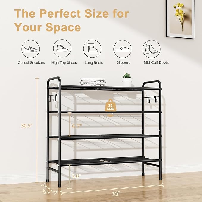 VILICK 4-Tier Shoe Rack 33" Wide Metal Shoe Organizer Long Shoe Storage with 4 Side Hooks Sturdy Shoes Shelf for Closet, Front Door Entrance, Garage, Dorm, Black