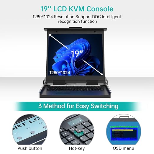 MT-VIKI 19'' LCD KVM Console, 16 Port VGA KVM Switch w/Keyboard+Monitor+Mouse+Drawer+Touchpad, Support OSD/Hotkey/Panel Button Switching (Included 16 KVM Cables)