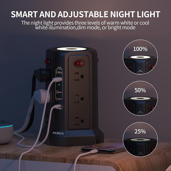 Surge Protector Power Strip with 5 USB Ports(1 USB C PD20W), 2nd Generation PASSUS Power Strips with Night Light, 10FT Extension Cord with Multiple Outlets for Home Office Dormroom Essentials