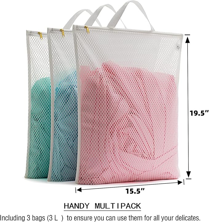 Tenrai Laundry Bag Mesh Wash Bag，Use YKK Zipper，Tote Bag Bathroom Hanging, Bra Fine Mesh Wash Bag for Underwear 3 Bags（3L Cellular Mesh）