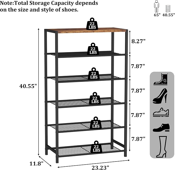 HOMEFORT Shoe Rack 6-Tier, Shoe Storage Shelf, Industrial Shoe Tower, Narrow Shoe Organizer for Closet Entryway, Small Shoe Rack Table with Durable Metal Shelves, Rustic Brown