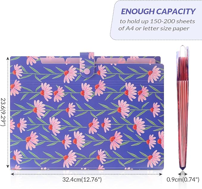 SKYDUE Accordion File Organizer, Floral Expanding File Folders with 5 Pockets, Cute Document Organizer for Paper Storage, School Office & Hospital Supplies Letter/A4 Size Periwinkle Blue