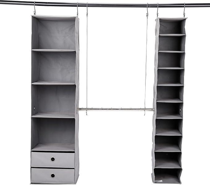 BIRDROCK HOME 5pc Hanging Closet Organizer System with Storage Shelves - Grey - Shoe Clothing Organization - Great for College Dorms or Kid Bedrooms Nursery