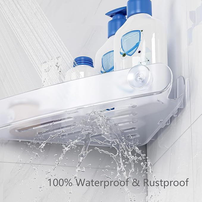 Sotfamily Plastic Shower Caddy Corner (for 90° Only), 2 Pack, Frosted Clear | Adhesive Corner Shower Shelves for Bathroom Organizers and Storage, Bathroom Decor, No Drill, Rust Free