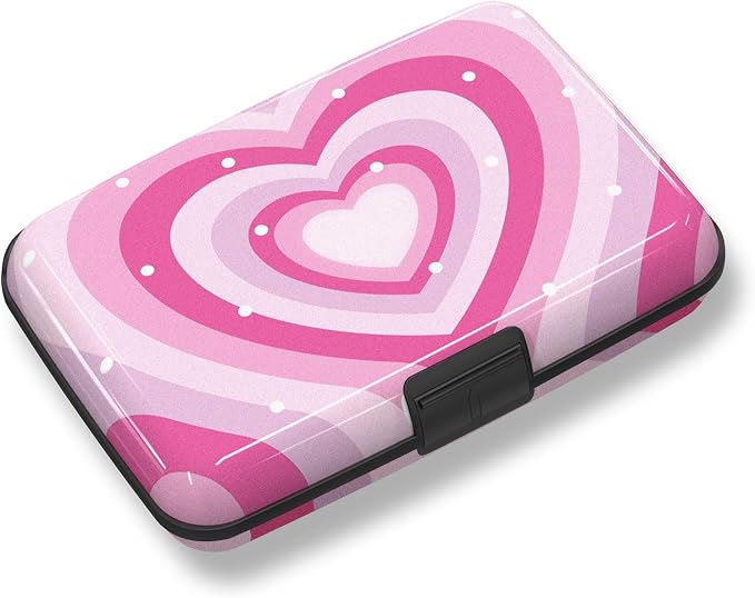 Credit Card Holder, Mini RFID Small Aluminum Card Wallet Business Card Case | Blocking Slim Metal RFID Blocking Front Pocket Wallet Hard Case Durable CC Holder for Women Girls, Pink Hearts
