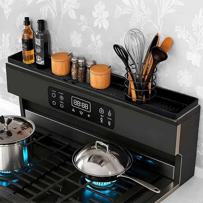 30 Inch Magnetic Stove Top Shelf, Over the Stove Spice Rack Organizer, Black | Heat Resistant Silicone, No Drill Installation, Anti-Slip, For Gas & Electric Stoves