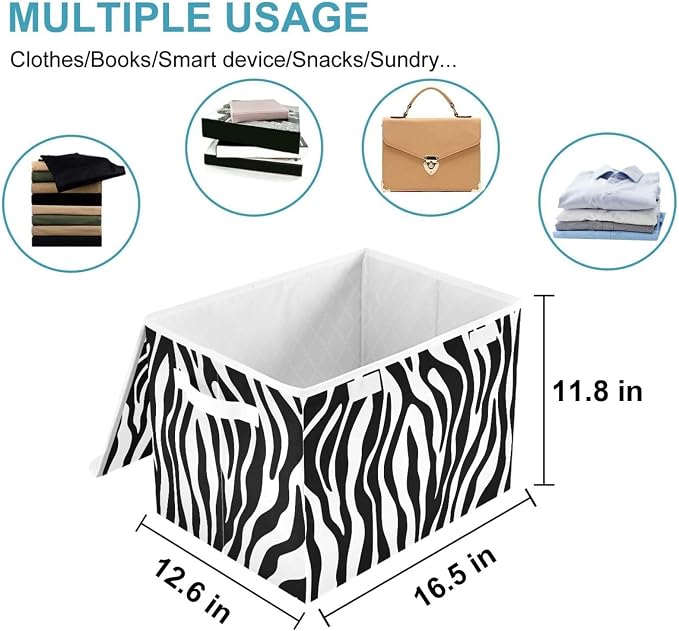 CaTaKu Large Fabric Storage Bins With Lids, Black White Zebra Print Storage Boxes With Handles for Organizing Clothes, Collapsible Storage Cube Bins Baskets for Shelves